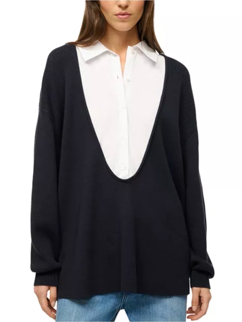 STAUD Coast Sweater Collar V-neck Navy Blue White Size Medium